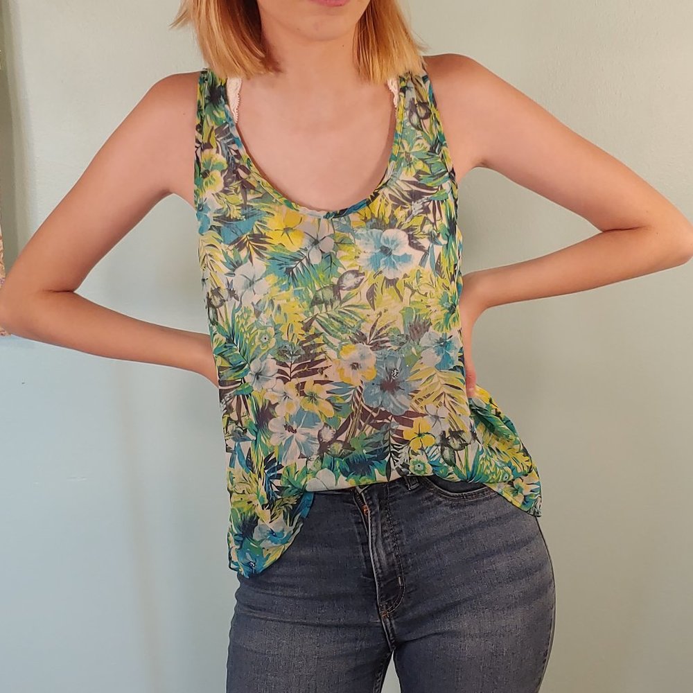Sheer Tropical Print Tank Top